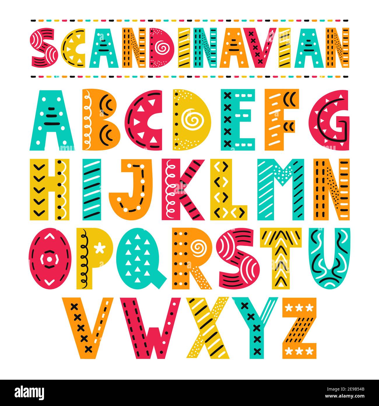 ABC alfabeto scandinavo. Icona Vector Simple Flat Cartoon Illustration. Isolato su sfondo bianco. Poster per vivaio disegnato a mano con lettere disegnate a mano in stile scandinavo. Illustrazione Vettoriale