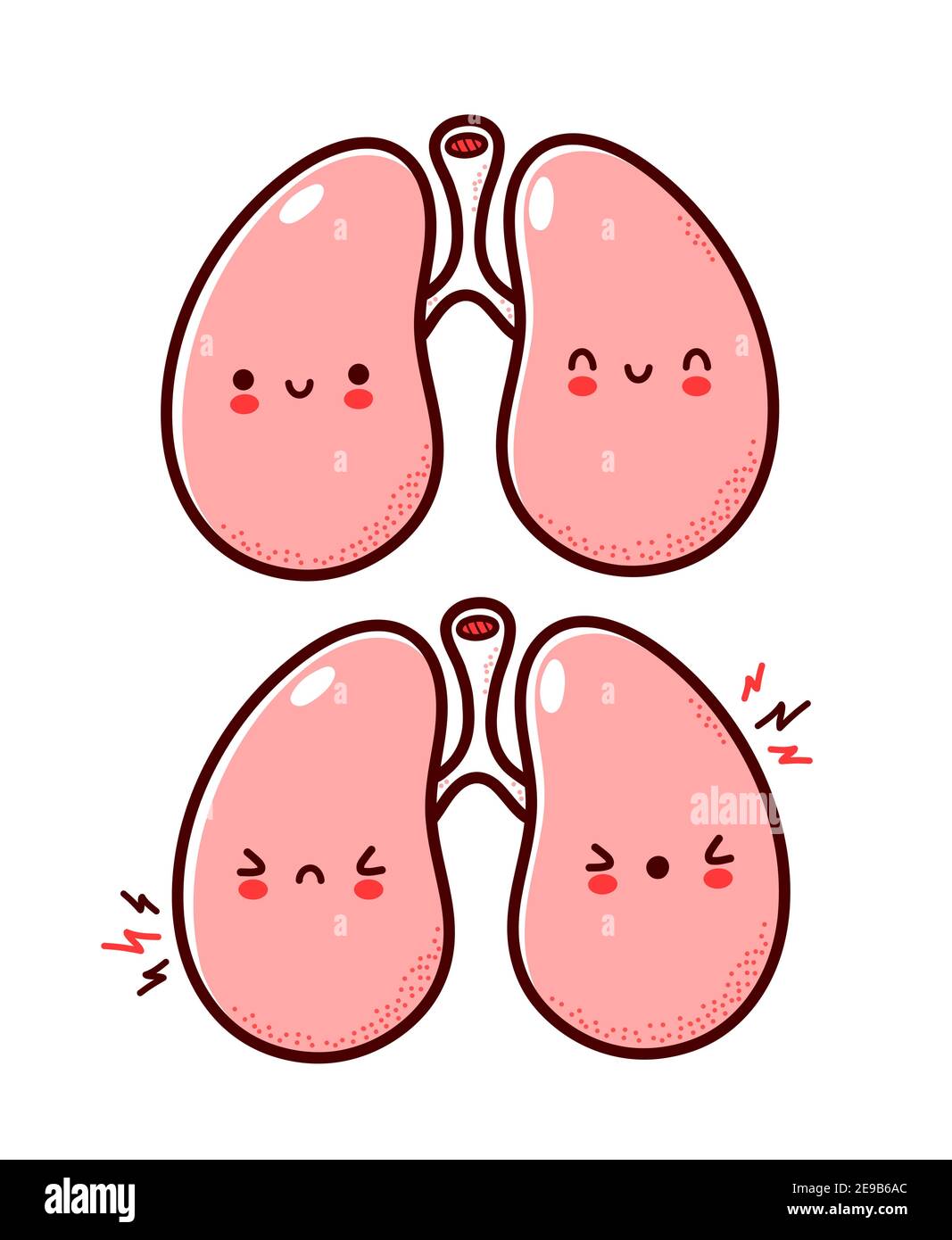 Carino sano e malato triste divertente personaggio di organo polmoni umani. Icona di illustrazione del carattere kawaii della cartoon vettoriale a linea piatta. Isolato su sfondo bianco. Polmoni con concetto di mascotte del carattere del viso Illustrazione Vettoriale