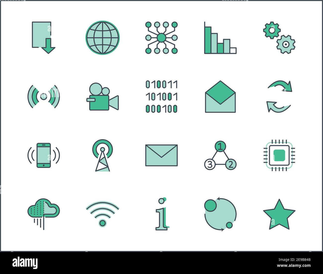 Set Di Icone Della Linea Vettoriale Della Tecnologia Relativa All'Analisi Dei Dati. Contiene icone quali grafici, Wi-fi, Grafici, analisi del traffico, Big Data e altro ancora. Modificabile Illustrazione Vettoriale