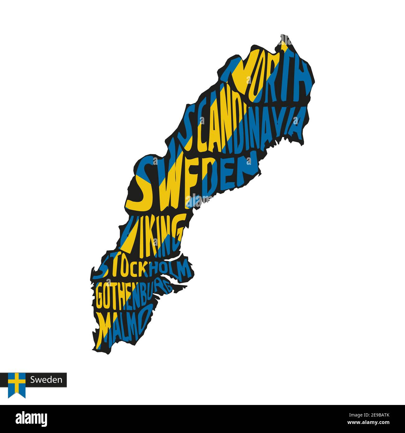 Mappa tipografica silhouette della Svezia in nero e colori bandiera. Illustrazione vettoriale. Illustrazione Vettoriale