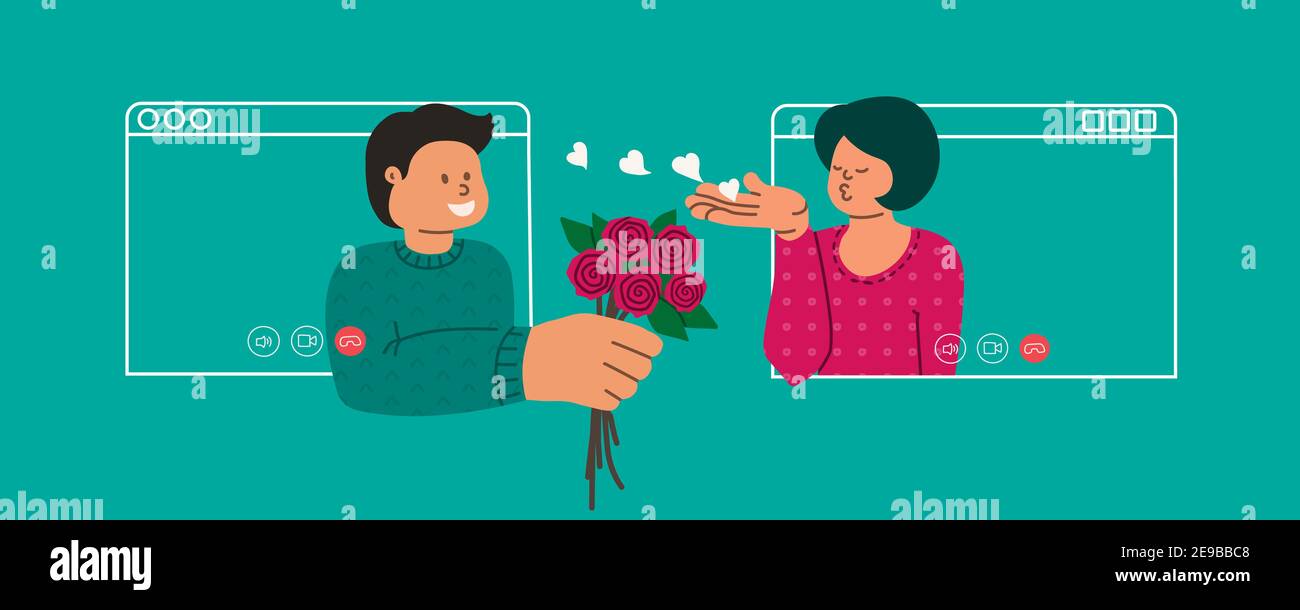 Uomo e donna fanno una videochiamata. Consegna dei fiori o concetto di giorno di San Valentino. Gli amanti mandano un bacio e cuori. Relazione distanza. Un uomo dà una donna Illustrazione Vettoriale