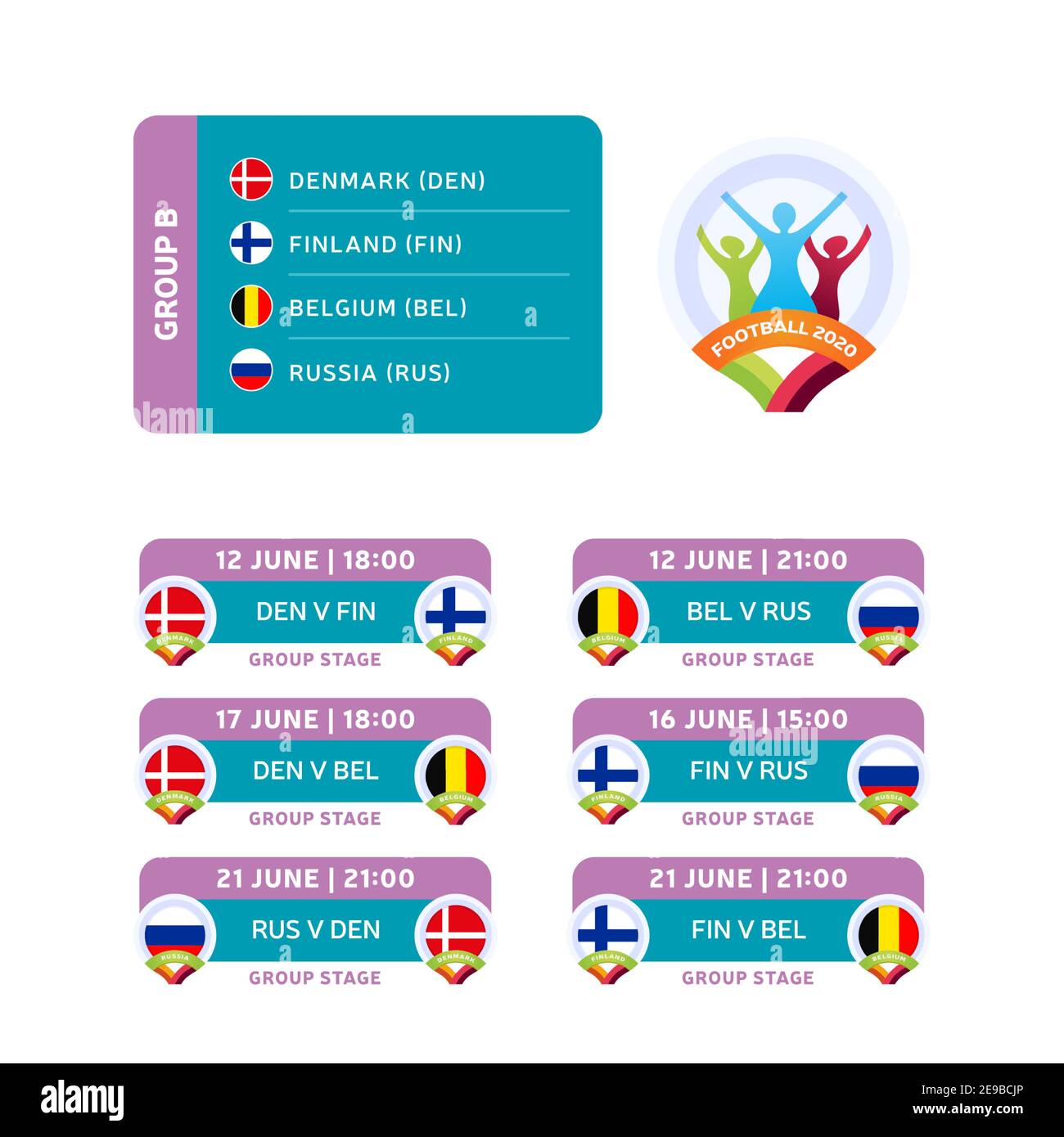Calcio 2020 torneo finale gruppo B vettore stock illustrazione con calendario partite. Torneo europeo di calcio 2020 con background. Vettore Illustrazione Vettoriale