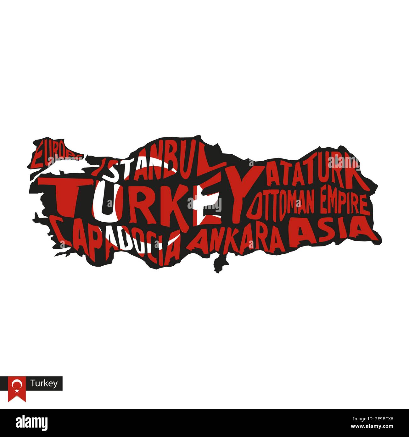 Mappa tipografica silhouette della Turchia in nero e colori bandiera. Illustrazione vettoriale. Illustrazione Vettoriale