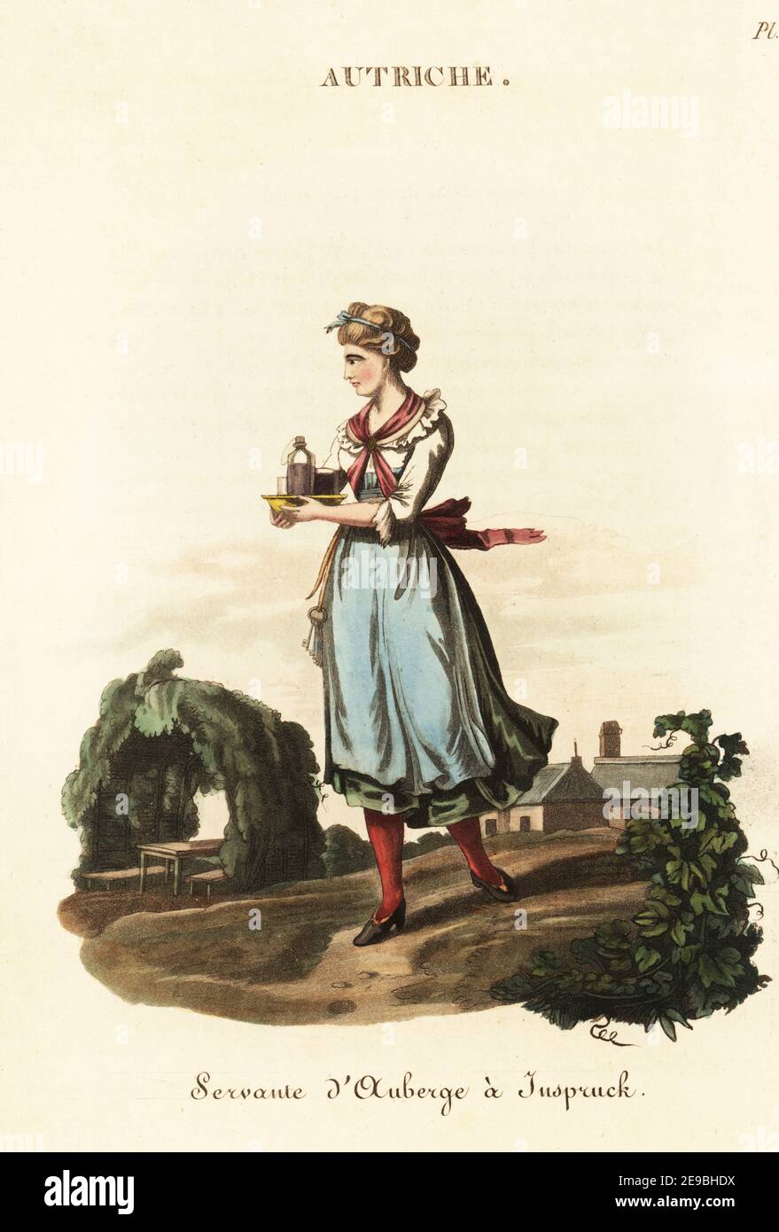 Cameriera austriaca in una locanda di Innsbruck, Tirolo, 18 ° secolo. Indossa un fazzoletto rosa, un bodice bianco, un peticoat verde, un grembiule blu e i suoi capelli sono legati da bande. Una Maid Servant di una locanda a Inspruck, Servante d'auberge a Insbruck. Incisione a mano su copperplate dopo un'illustrazione di William Alexander da J-B. Eyries’ l’Autriche: Costumi, Moeurs et Usages des Autrichiens, Austria: Costumi, maniere e Mores degli Austriaci, Librairie de Gide Fils, Parigi, 1823. Jean-Baptiste Eyries (1767-1846) è stato un . Foto Stock