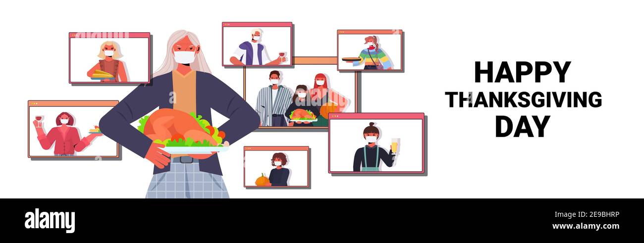 nonna che discute con la famiglia durante la videochiamata persone che festeggiano felici giorno di ringraziamento comunicazione on-line concetto di autoisolamento orizzontale testo verticale illustrazione vettoriale dello spazio Illustrazione Vettoriale