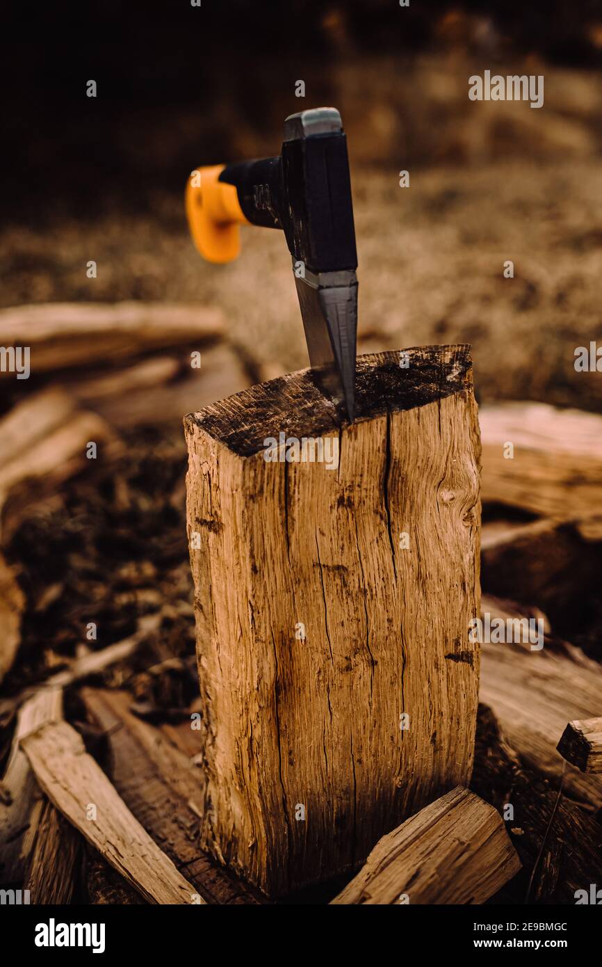 Hatchet bloccato in tronchi di legna da fuoco Foto Stock