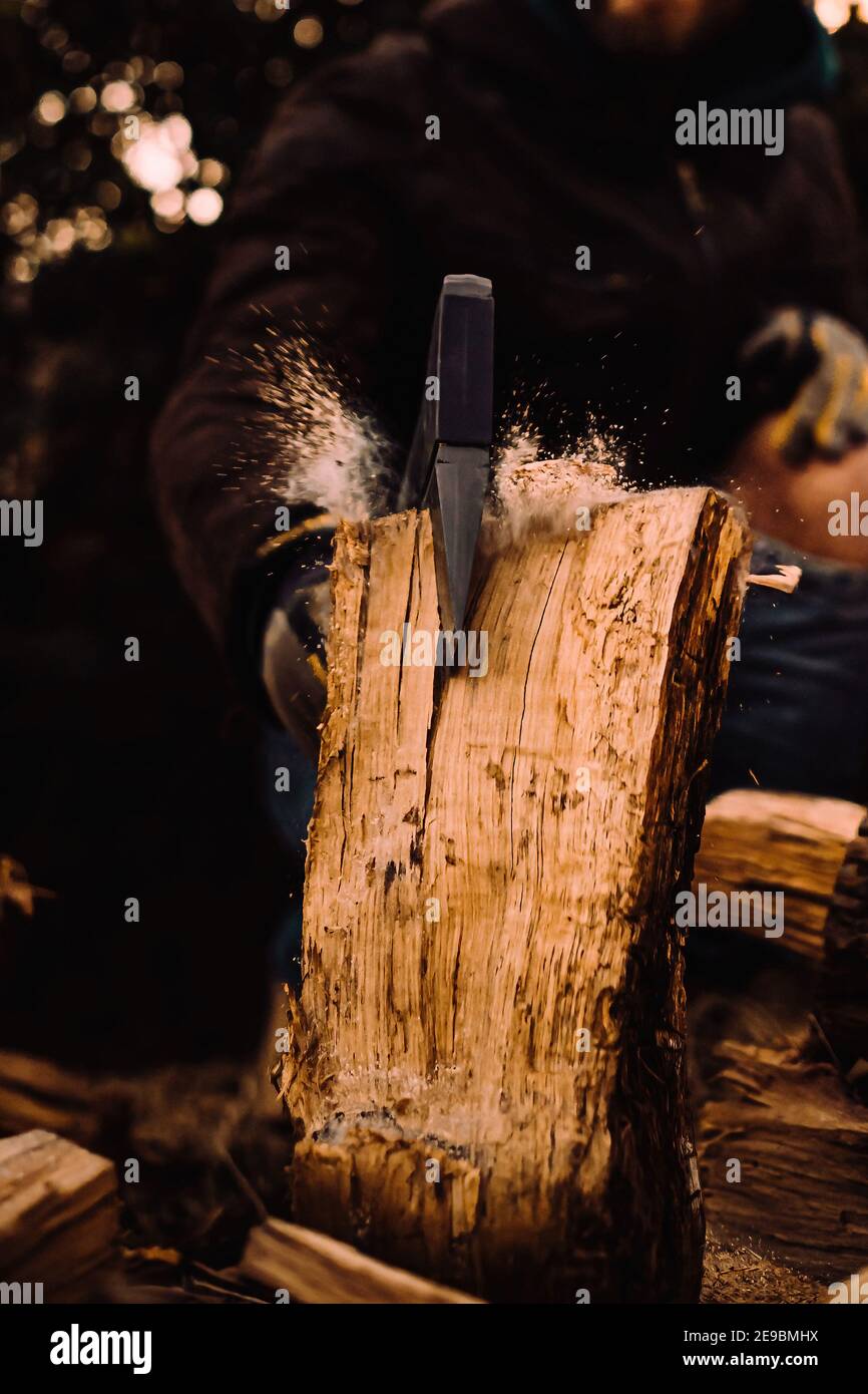 Tagliando tronchi per legna da ardere in azione e primo piano con particelle che volano Foto Stock