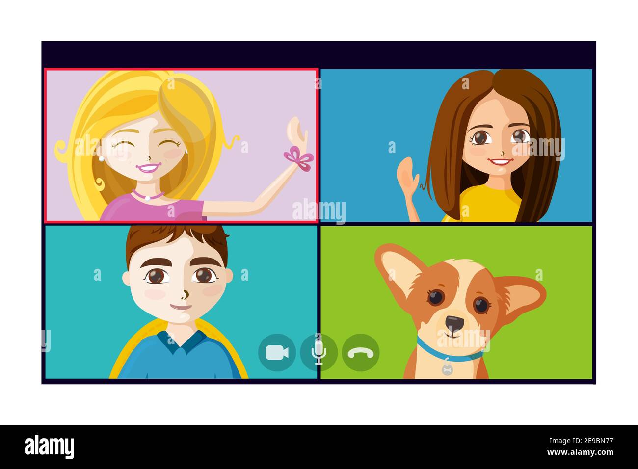 Teleconferenza virtuale con persone e cuccioli. Quarantena online incontro di amici o colleghi. Illustrazione vettoriale in stile cartoon Illustrazione Vettoriale