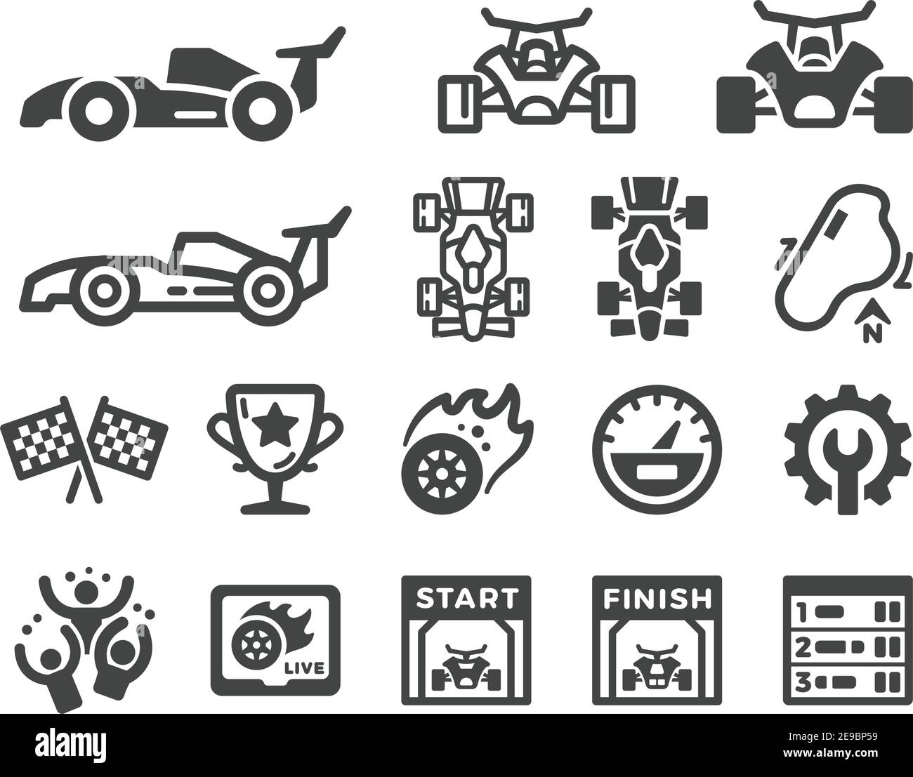 insieme di icone, vettoriali e illustrazioni per corse automobilistiche e gare automobilistiche Illustrazione Vettoriale