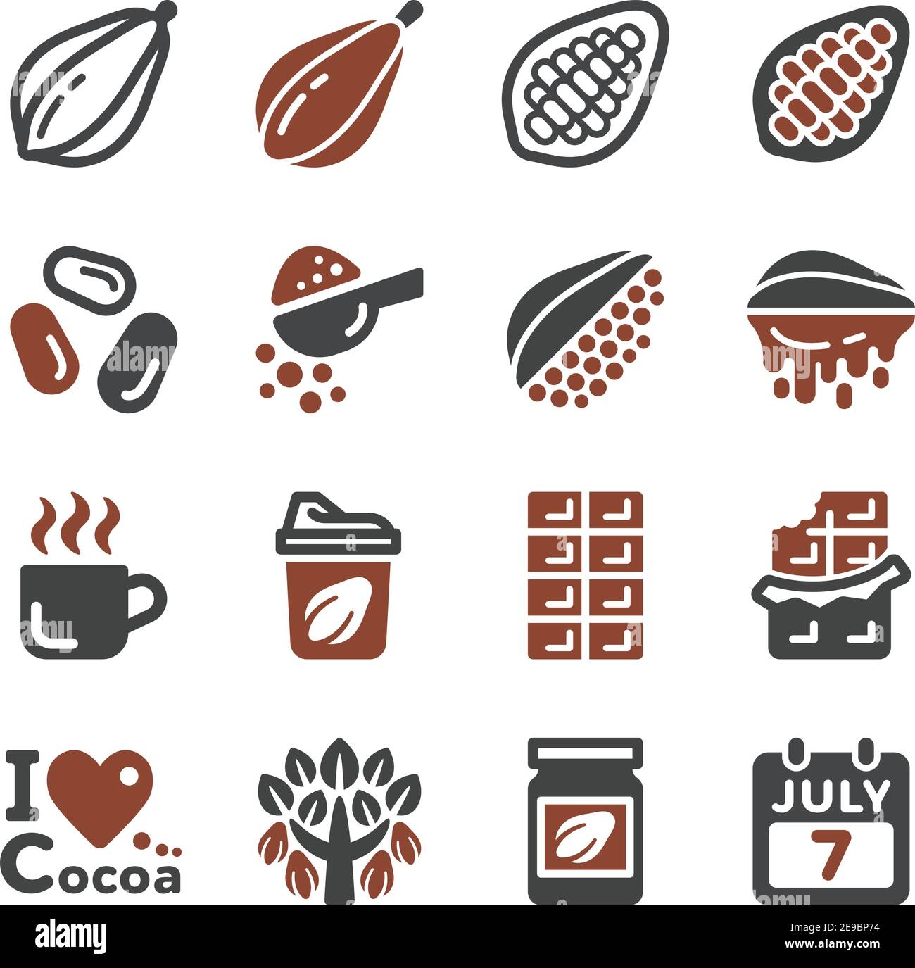 insieme di icone di cioccolato e cacao, vettore e illustrazione Illustrazione Vettoriale