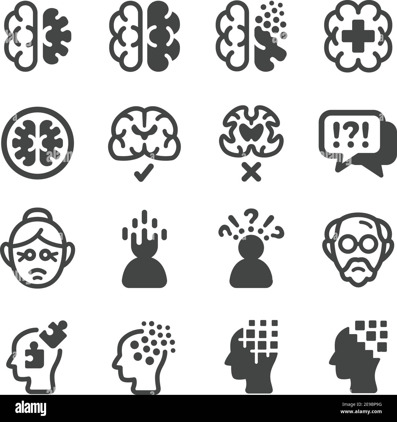 insieme di icone, vettore e illustrazione della malattia di alzheimer Illustrazione Vettoriale