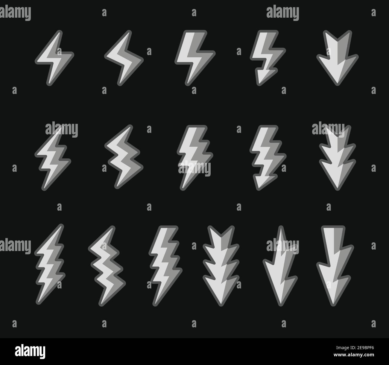 insieme di icone fulmini e tuoni, ombreggiatura del contorno piena, vettore e illustrazione Illustrazione Vettoriale