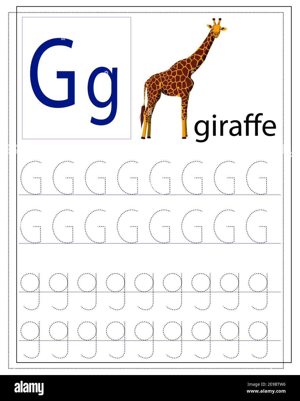 Un foglio di lavoro per bambini con la lettera G per imparare l'alfabeto inglese. Illustrazione Vettoriale