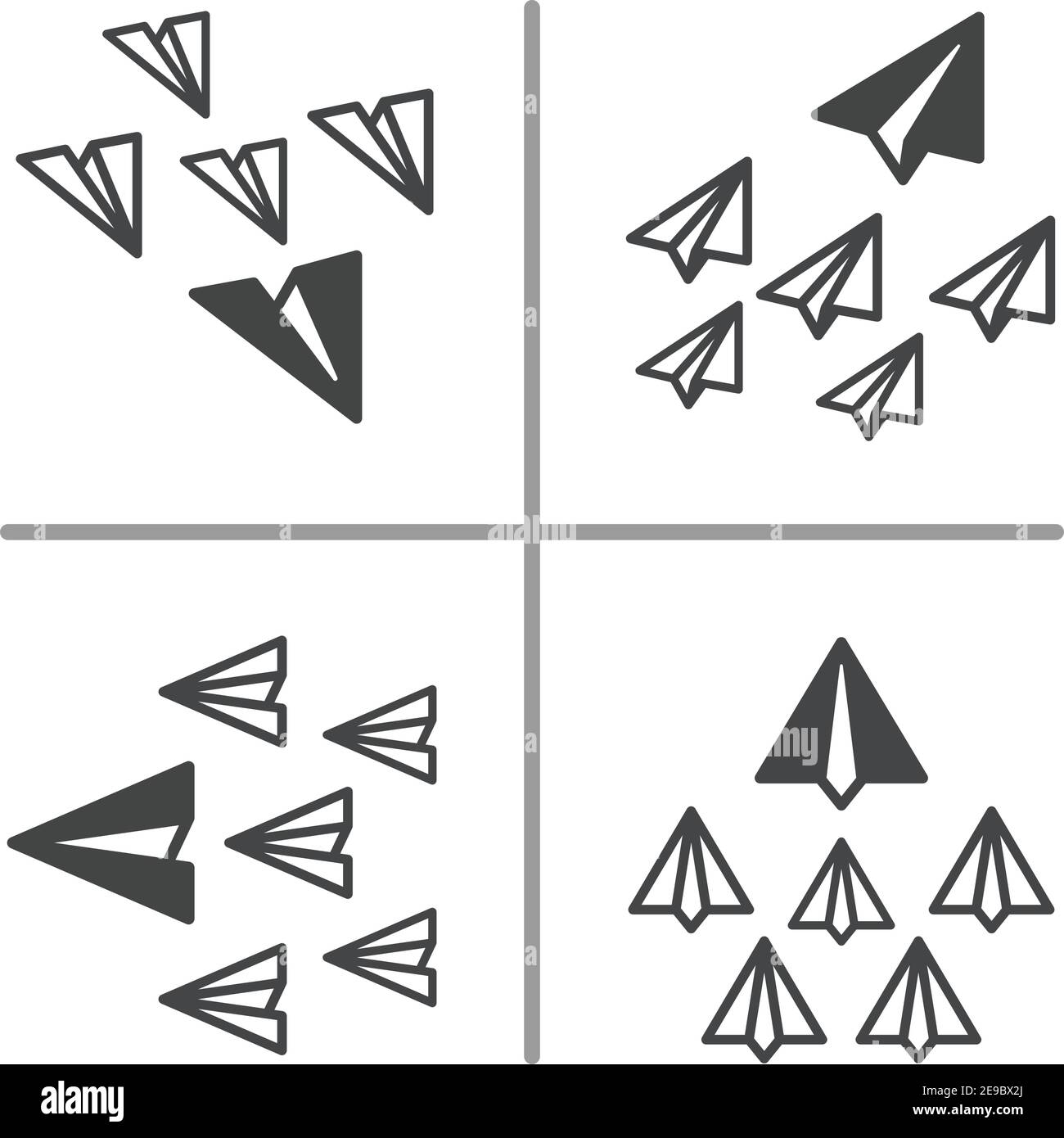 piano di carta che vola nello stesso modo, business e concetto di leadership, piano di carta illustrazione concettuale e insieme vettoriale Illustrazione Vettoriale