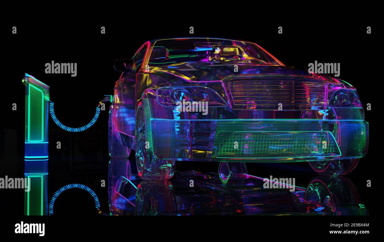Ricarica di un'auto elettrica moderna. Auto in vetro con illuminazione al neon Foto Stock