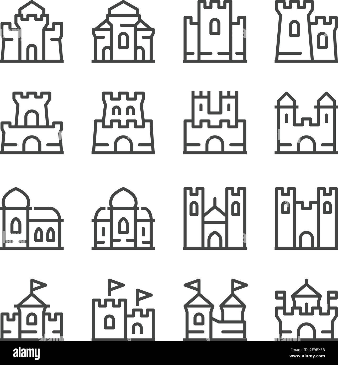 set di icone a linea sottile del castello e della cittadella, vettore e illustrazione Illustrazione Vettoriale