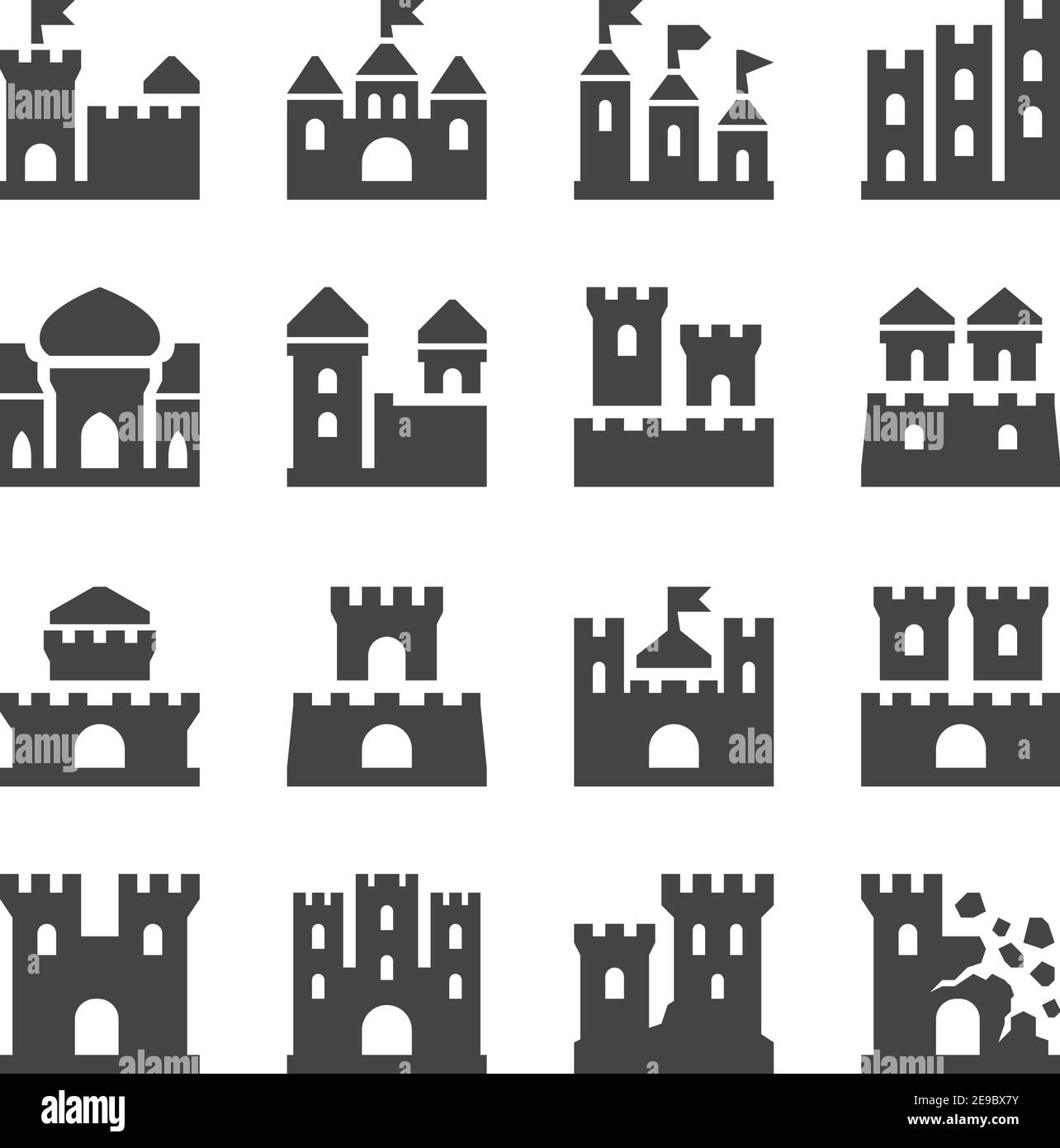 insieme di icone del castello e della cittadella, vettore e illustrazione Illustrazione Vettoriale