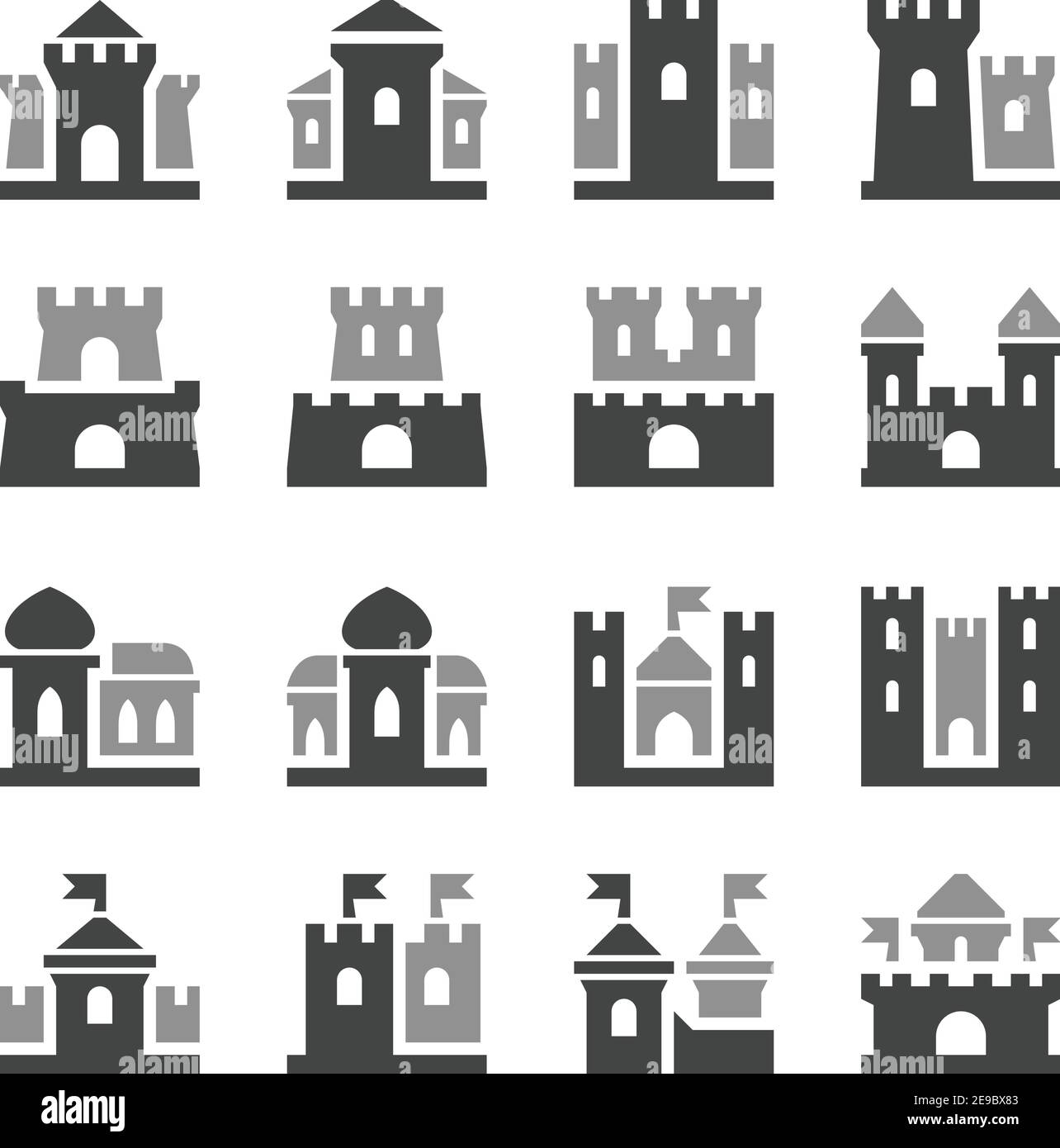 insieme di icone del castello e della cittadella, vettore e illustrazione Illustrazione Vettoriale