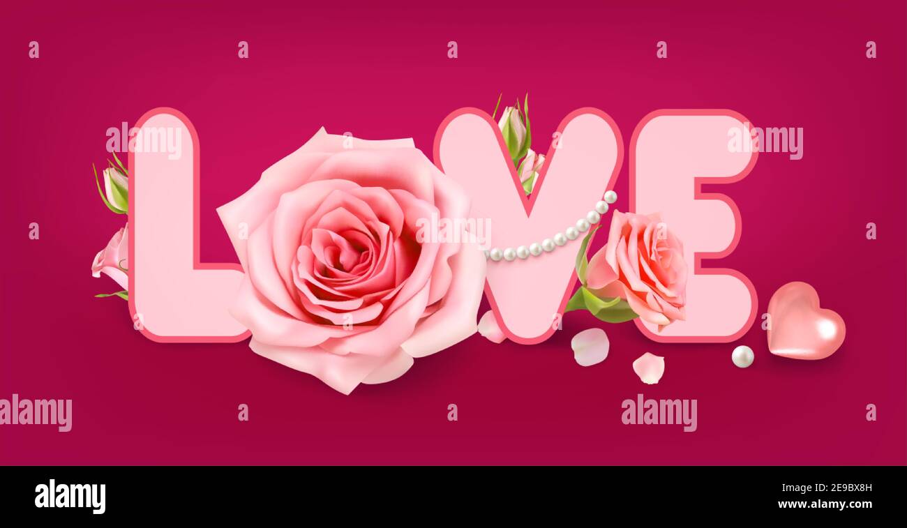Amore. Poster con rosa valentina su sfondo rosso scuro per il design della decorazione. Vettore 3D realistico. Biglietto d'auguri di San Valentino, banner, poster. Illustrazione Vettoriale