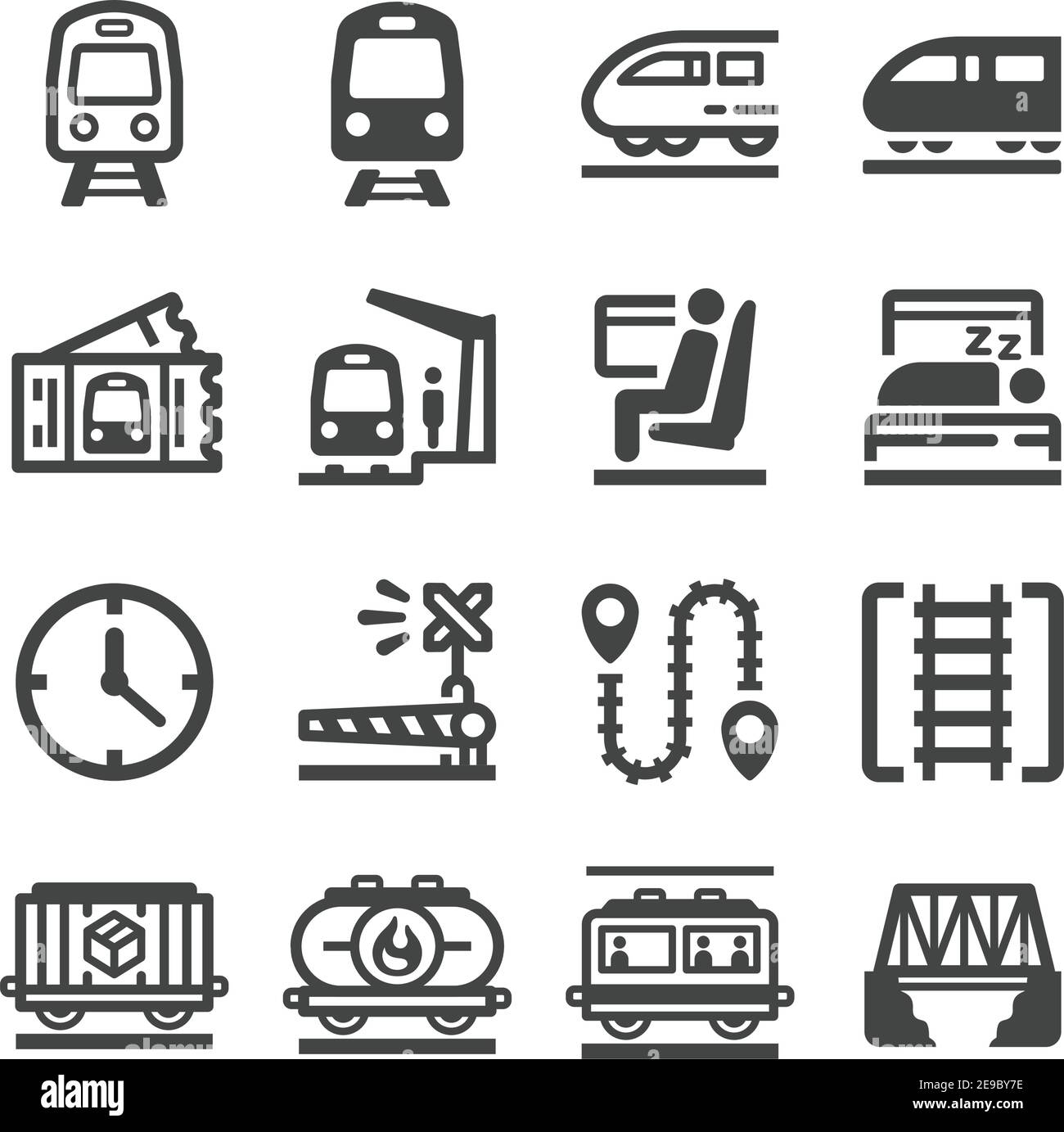 insieme di icone di treno, vettore e illustrazione Illustrazione Vettoriale