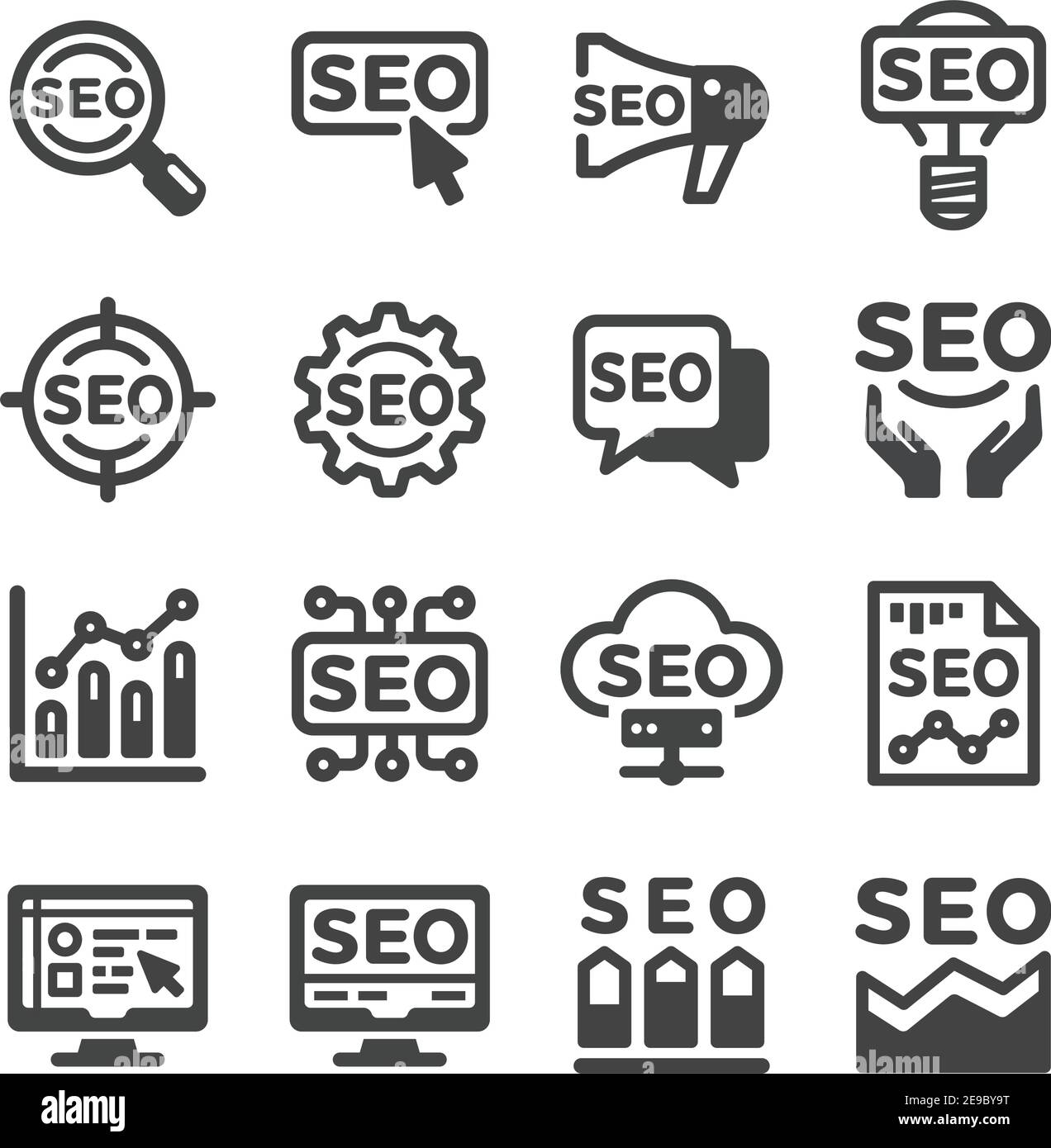 Insieme di icone SEO, vettore e illustrazione Illustrazione Vettoriale