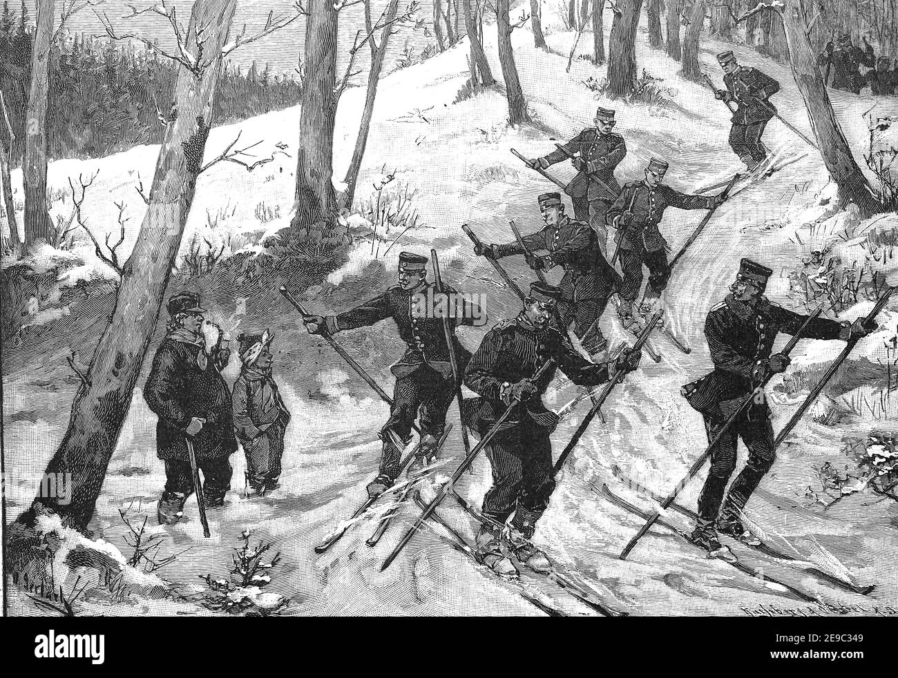 Esercizio militare su sci, soldati, Germania, illustrazione da 1880 / Militärische Übung auf Ski, Soldaten, Deutschland, Illustrazione da 1880, Historisch, storico, digitale riproduzione migliorata di un originale del 19 ° secolo / digitale Reproduktion einer Originalvollage aus dem 19. Jahrhundert, Foto Stock