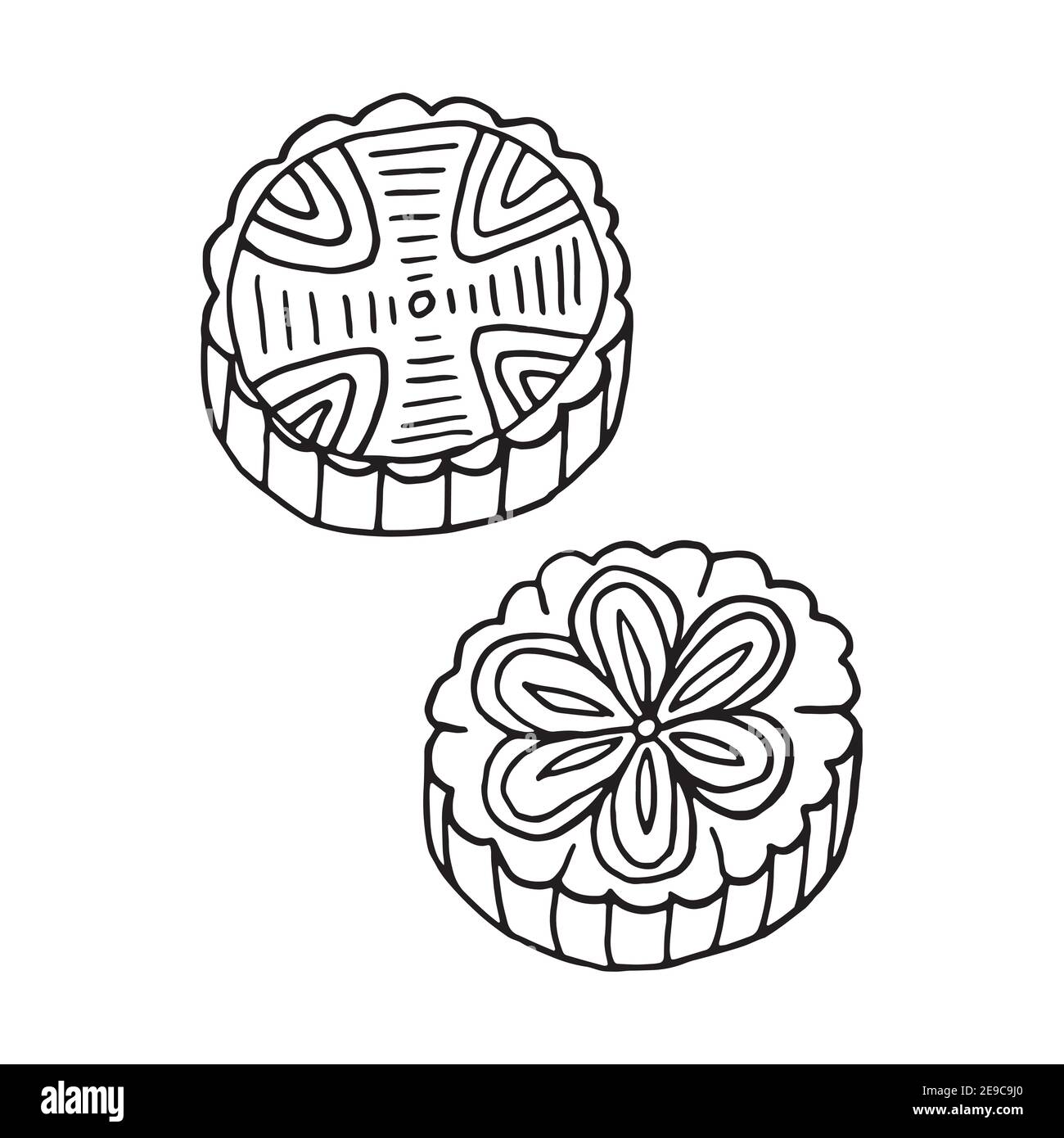 Mooncake di doodle disegnata a mano. Piatto di cucina cinese. Progettare un elemento di schizzo per menu cafè, ristorante, etichetta e imballaggio. Illustrazione vettoriale Illustrazione Vettoriale
