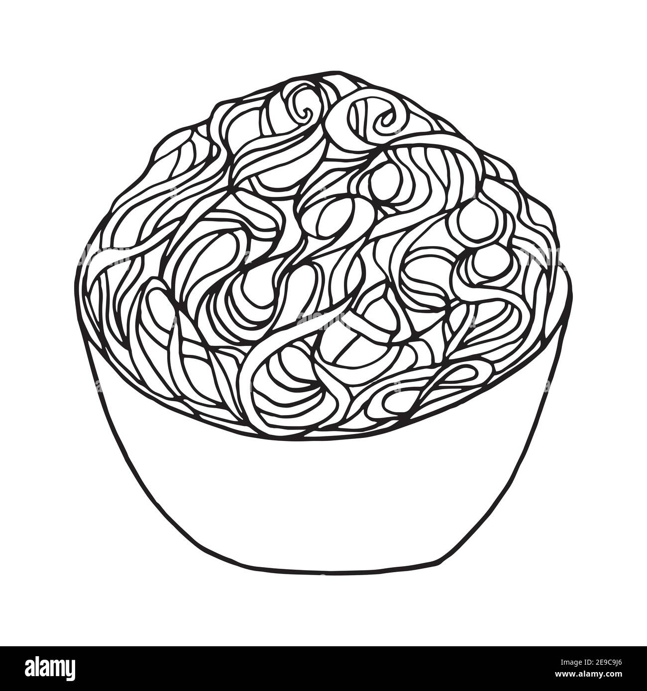Noodle disegnate a mano. Piatto di cucina cinese. Progettare un elemento di schizzo per menu cafè, ristorante, etichetta e imballaggio. Illustrazione vettoriale su un bianco Illustrazione Vettoriale