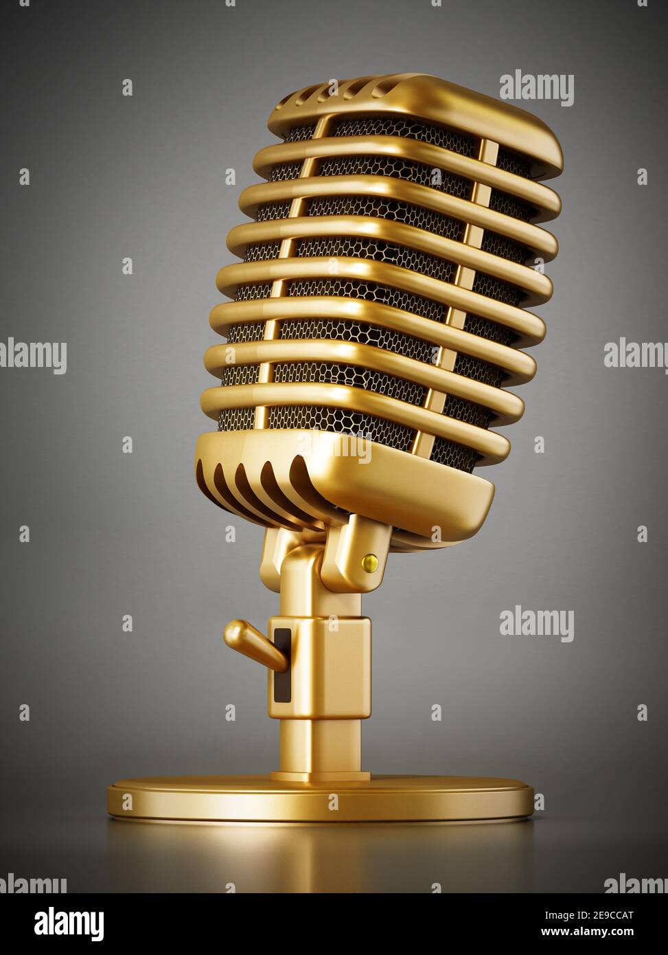 Microfono retro dorato su sfondo scuro. Illustrazione 3D. Foto Stock