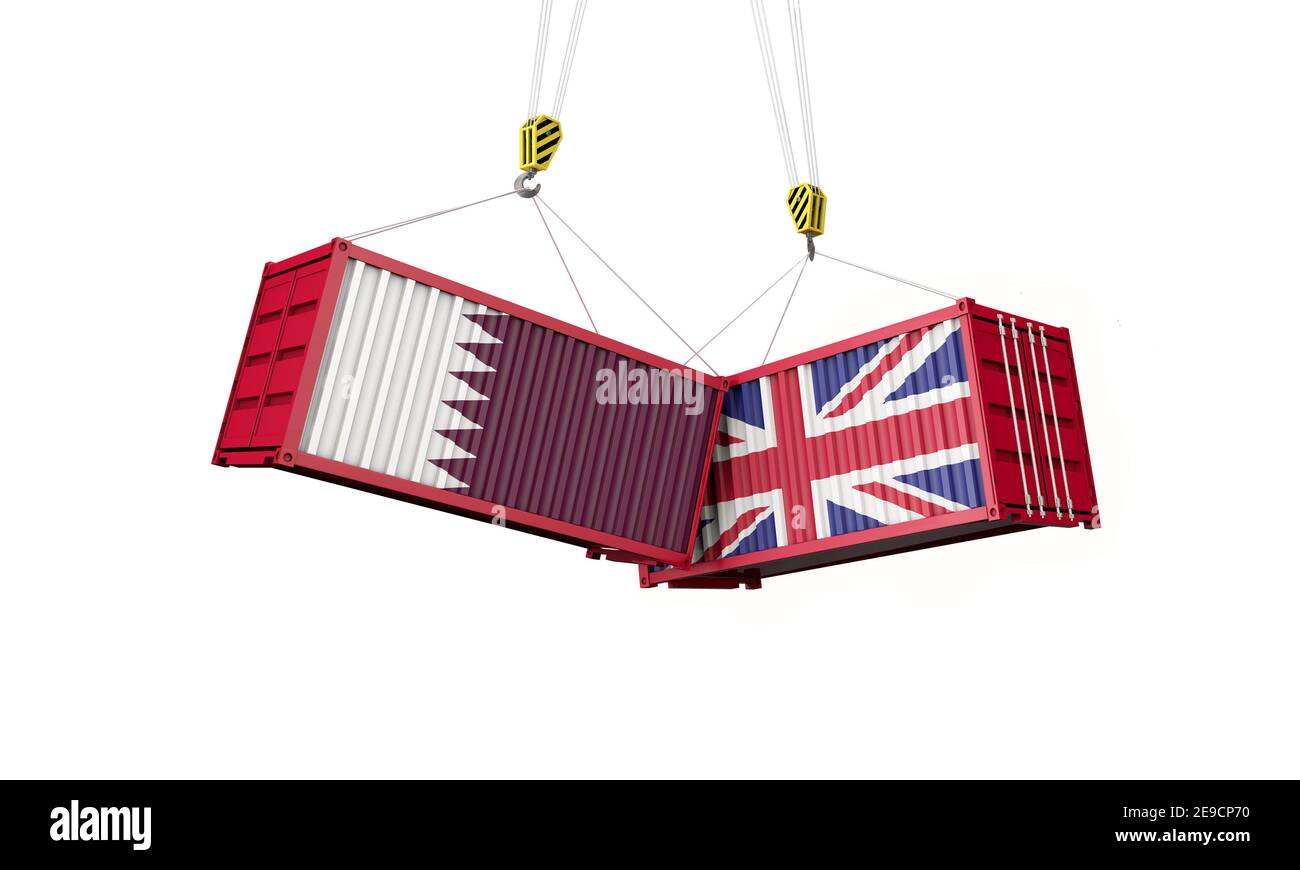 Accordo commerciale per il Regno Unito e il qatar. Containere di carico in conflitto. Rendering 3D Foto Stock