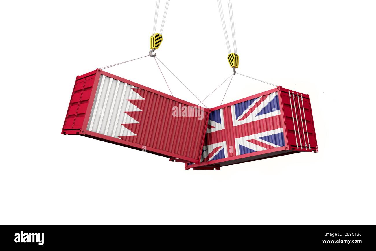 Accordo commerciale per il Regno Unito e il bahrein. Containere di carico in conflitto. Rendering 3D Foto Stock