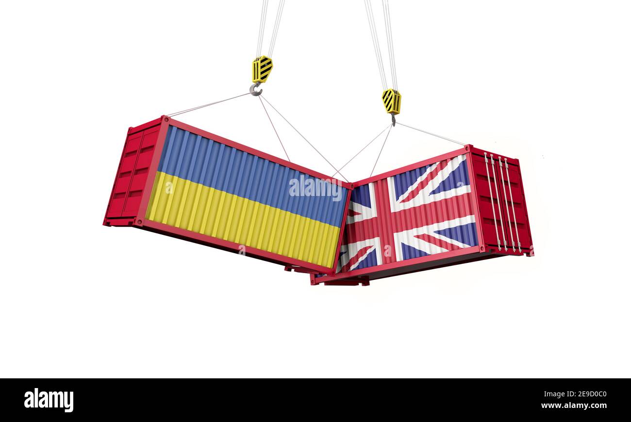 Accordo commerciale tra Regno Unito e ucraina. Containere di carico in conflitto. Rendering 3D Foto Stock