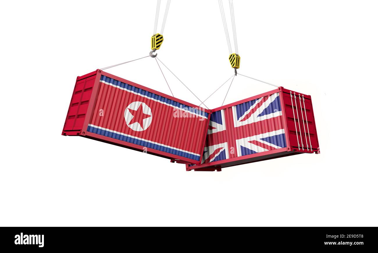 Accordo commerciale tra Regno Unito e Corea del Nord. Containere di carico in conflitto. Rendering 3D Foto Stock