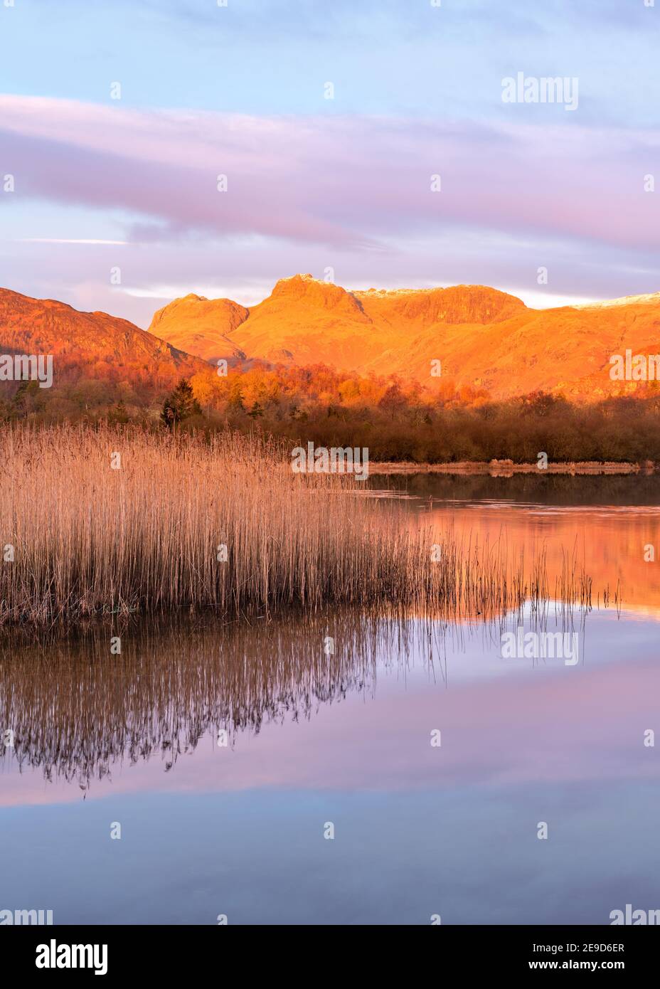Bella luce dorata sulle montagne con calmi riflessi in acqua. Preso a Elterwater nel Lake District, Regno Unito. Foto Stock