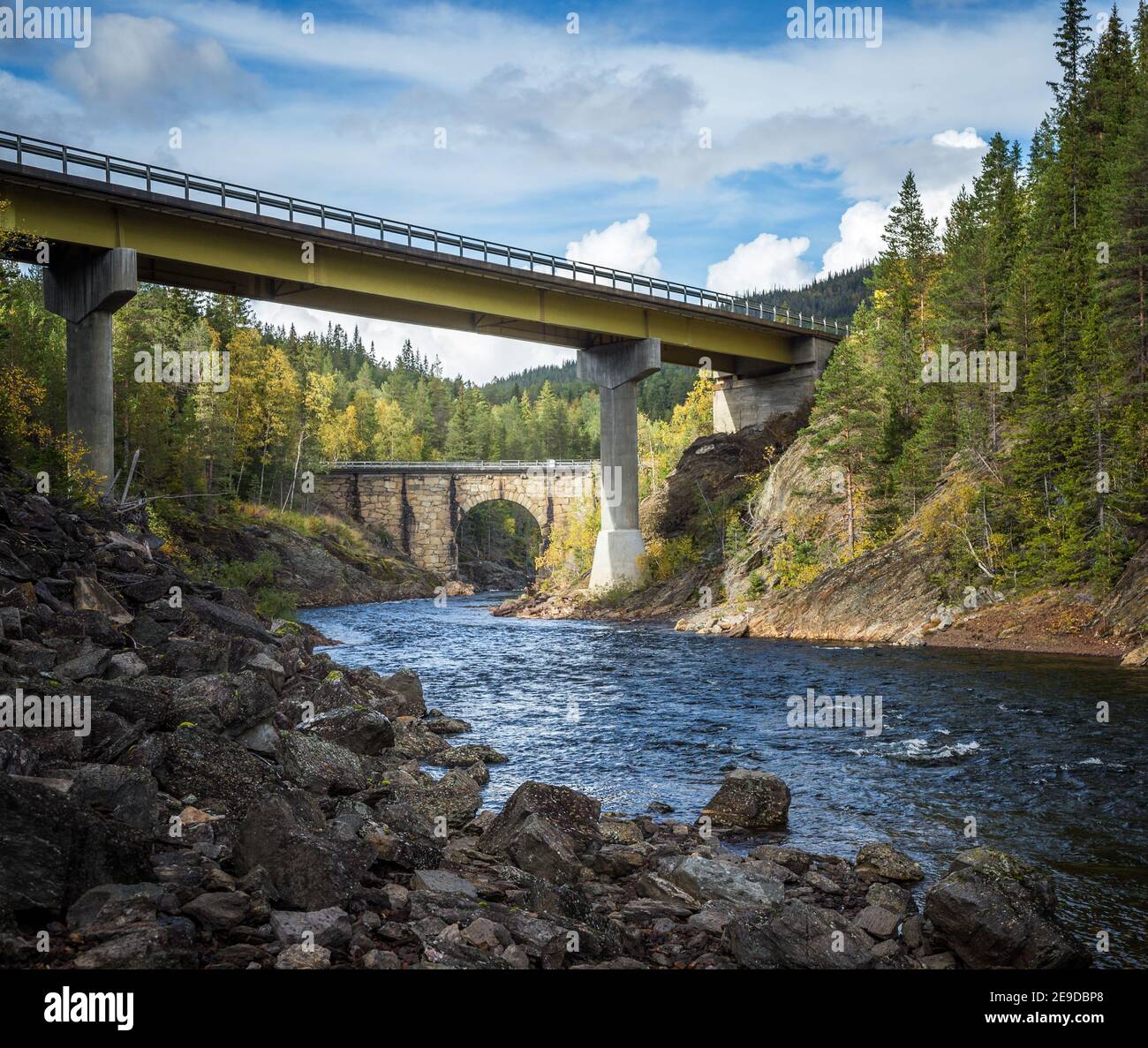 Ponte vecchio e nuovo sul fiume Glåma. Foresta di montagna scandinava intorno al fiume. Ponte stradale. Foto Stock
