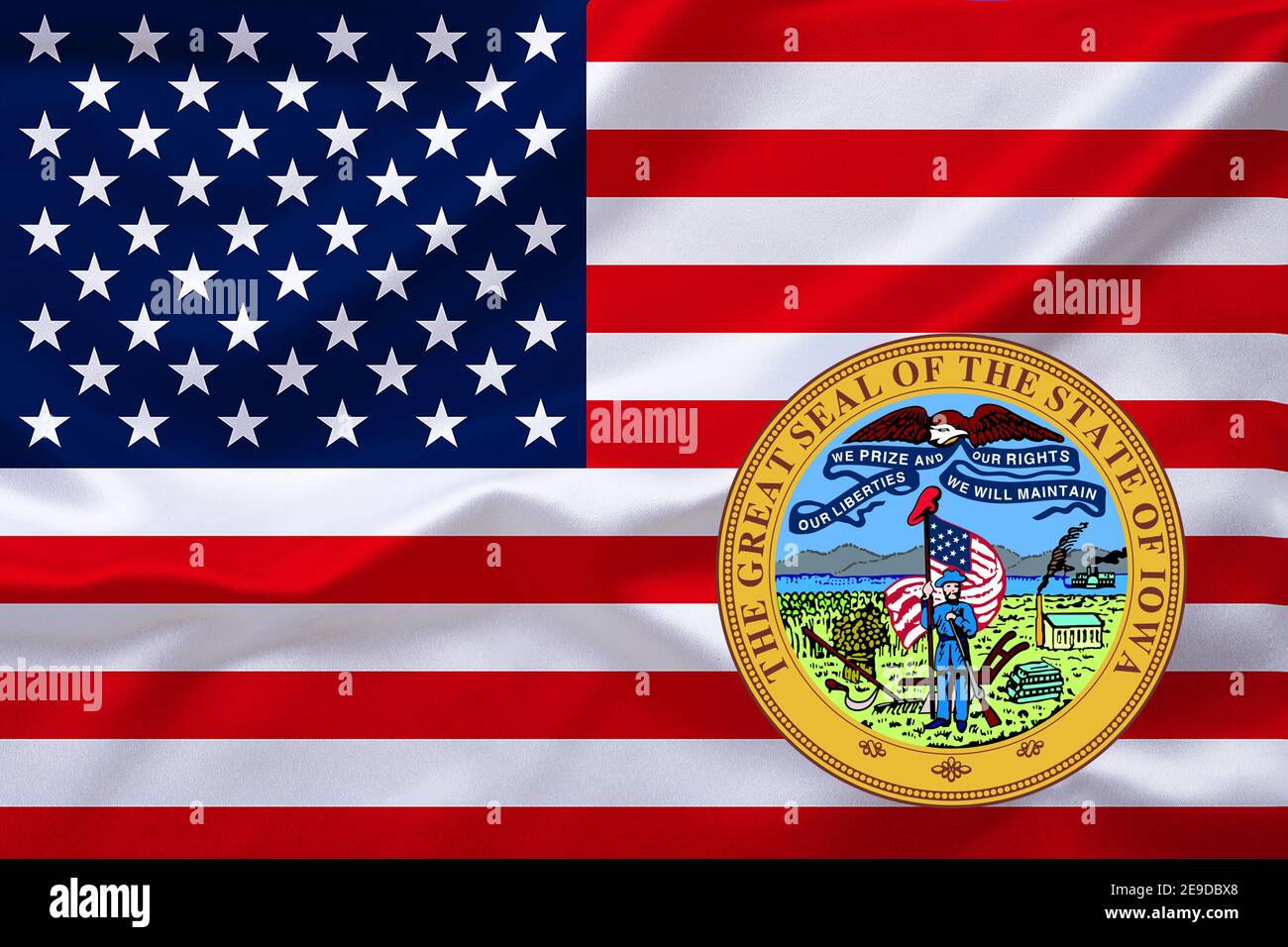 Bandiera degli Stati Uniti con l'emblema di Iowa, USA, Iowa Foto Stock