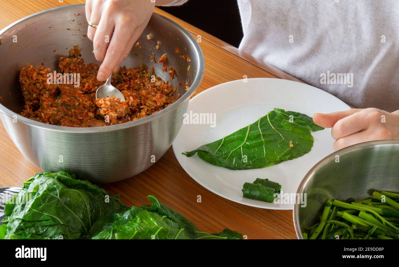 Collard Verdi ripieni. Collard Greens ripieni di carne e riso, cucina tradizionale turca. Cavolo nero arrotolabile Foto Stock