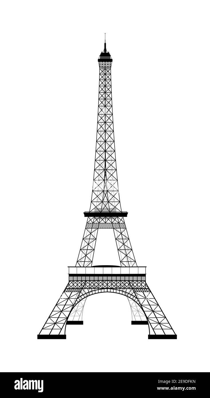 Torre Eiffel su bianco. Vista. Silhouette della Torre Eiffel. Illustrazione vettoriale. Illustrazione Vettoriale