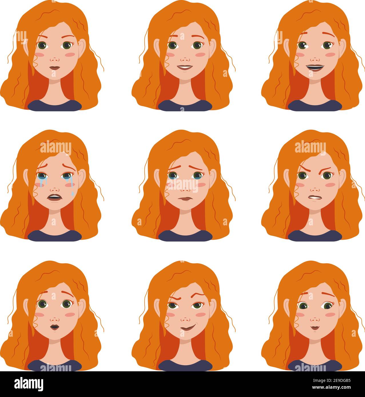 Set di espressioni facciali avatar donna con capelli rossi con emozioni diverse Illustrazione Vettoriale