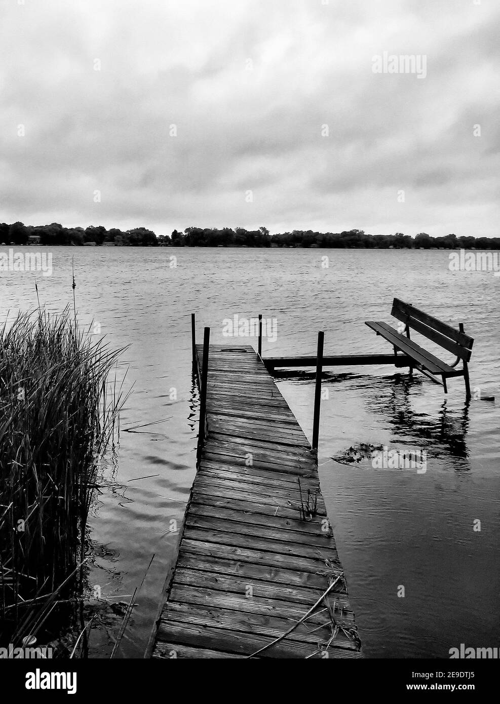 Immagine verticale in scala di grigi di una banchina di legno e di una panca vicino un lago Foto Stock