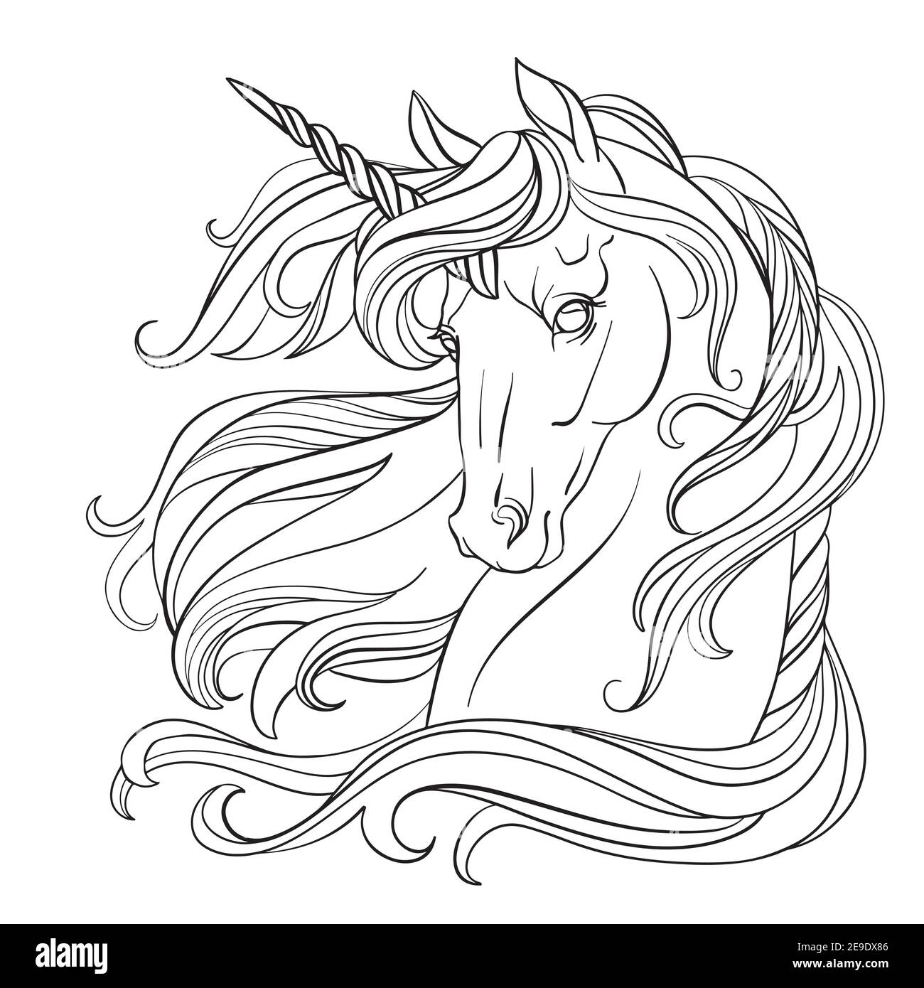Testa di unicorno con una mane lunga. Immagine vettoriale in bianco e nero per colorare la pagina. Per la progettazione di stampe, poster, cartoline, libri da colorare, Illustrazione Vettoriale