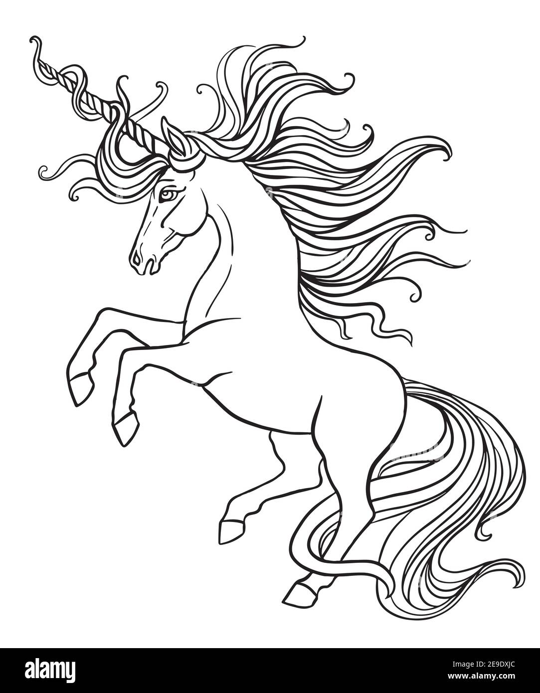 Elegante unicorno con una lunga mane e coda. Immagine vettoriale in bianco e nero per colorare la pagina. Per la progettazione di stampe, poster, cartoline, colori Illustrazione Vettoriale