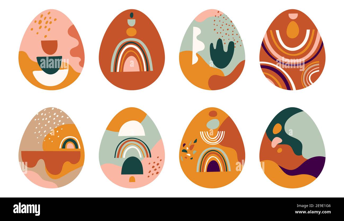 Boho concetto di design pasquale, coniglietti, uova, fiori e arcobaleni in colori pastello e terracotta, illustrazioni vettoriali piatte Illustrazione Vettoriale