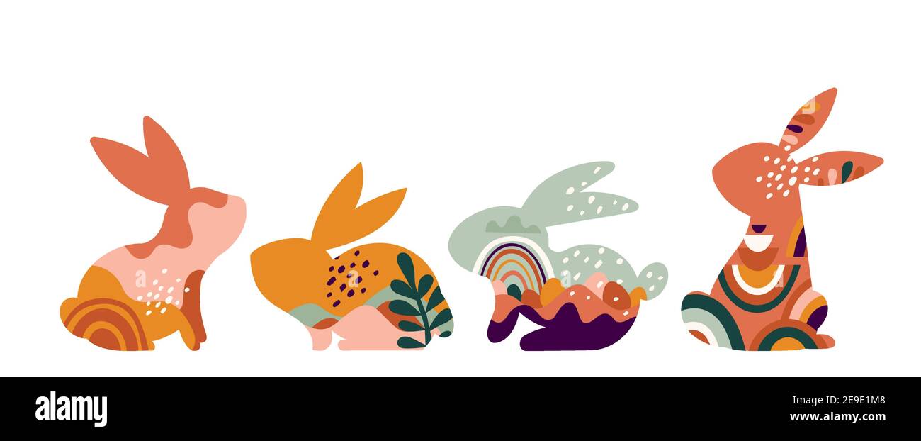 Boho concetto di design pasquale, coniglietti, uova, fiori e arcobaleni in colori pastello e terracotta, illustrazioni vettoriali piatte Illustrazione Vettoriale