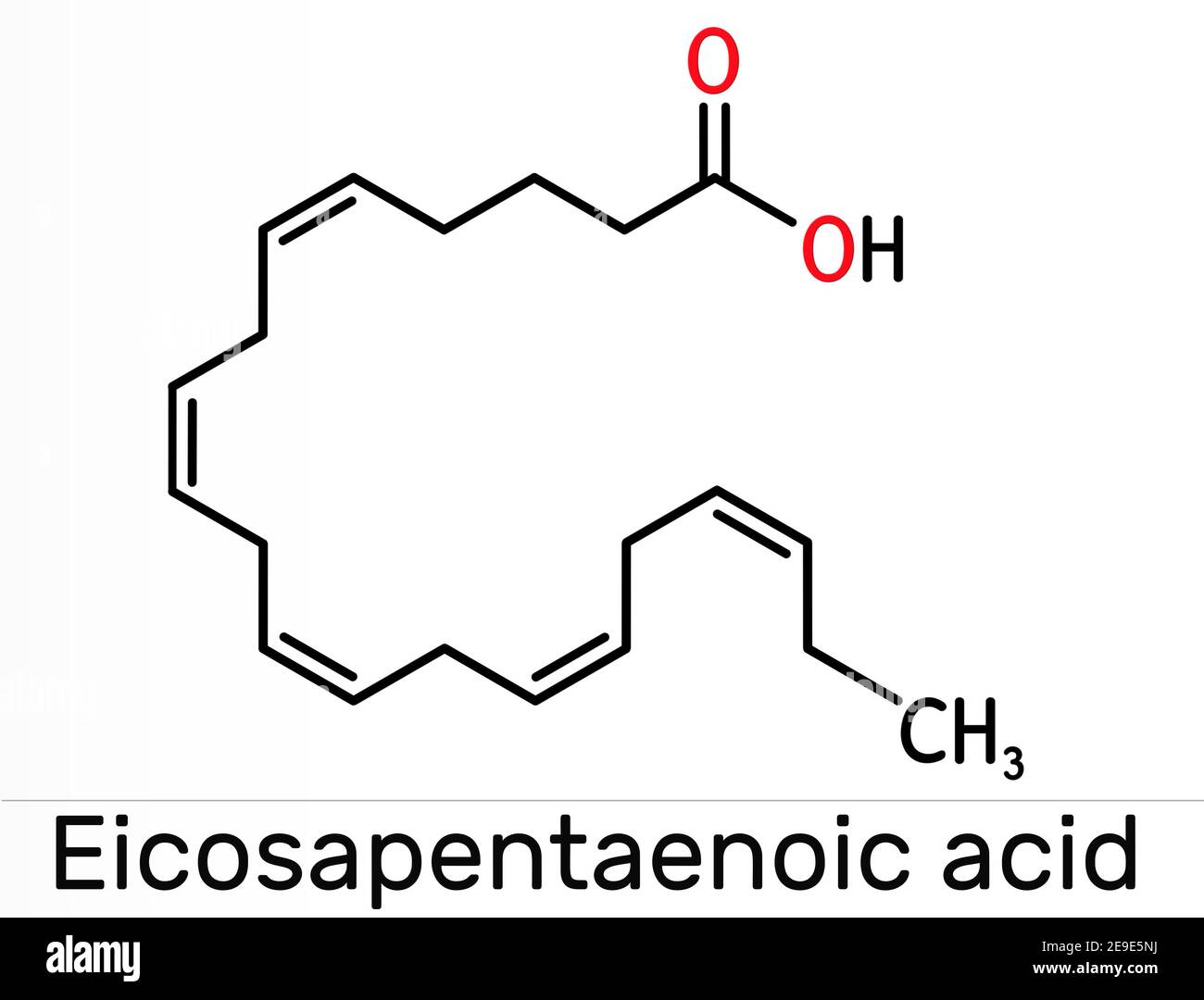 Acido eicosapentaenoico, EPA, acido icosapentaenoico, molecola di  icosapent. Si tratta di un acido grasso a catena lunga polinsaturo omega-3.  Forma chimica scheletrica Foto stock - Alamy