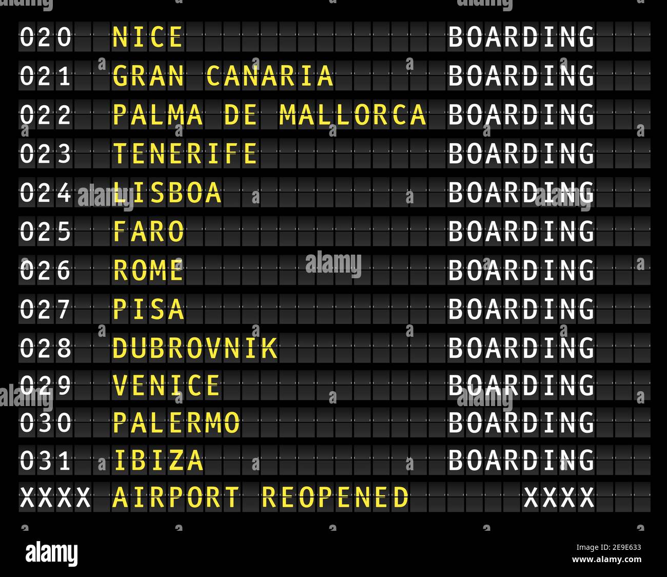 riapertura aeroporto e turismo, visualizzazione informazioni volo messaggio dopo il blocco corona, destinazioni di viaggio vacanze. vettore Illustrazione Vettoriale