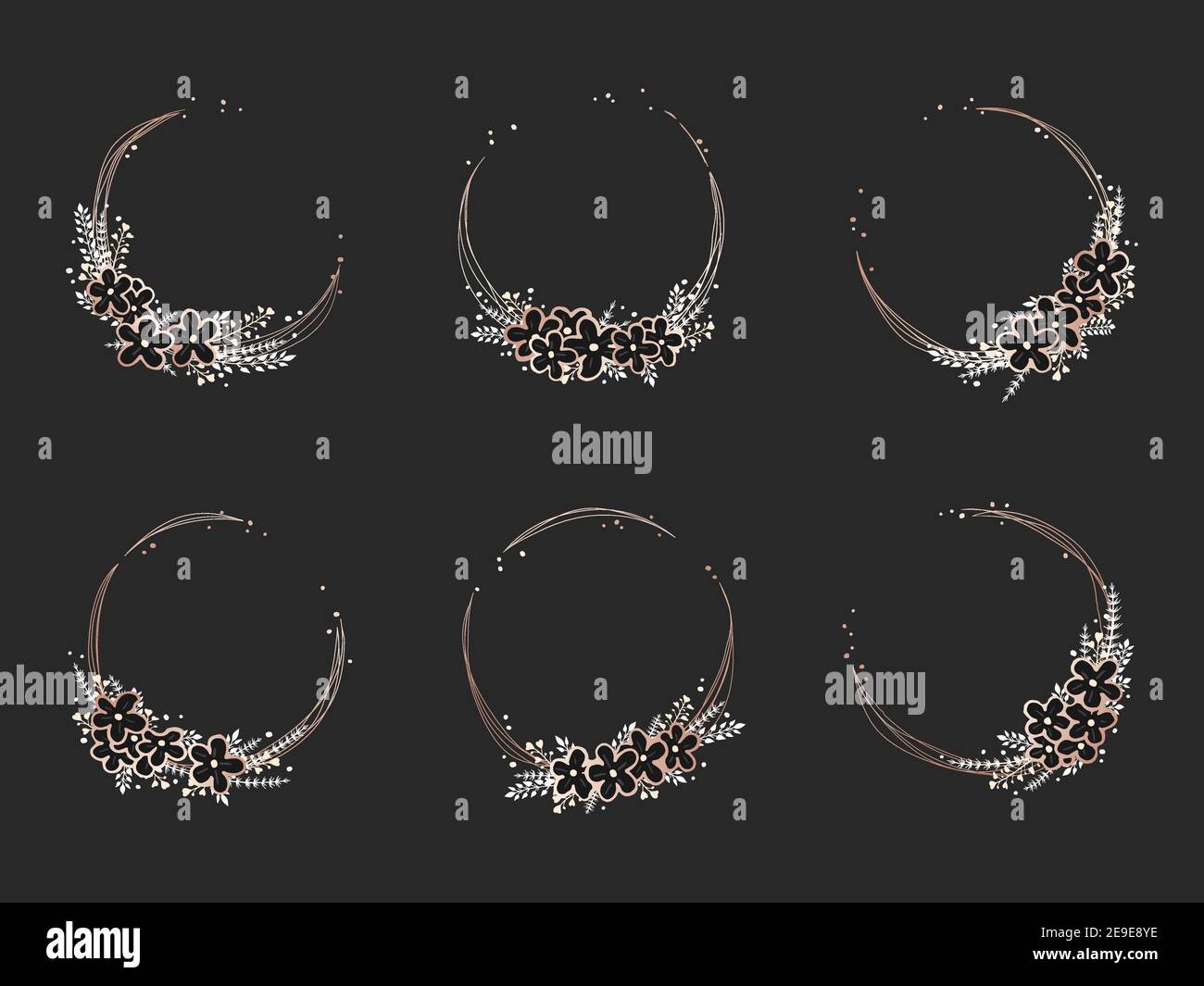 Serie vettoriale di cornici con fiori disegnati a mano ed elementi floreali. Collezione di corone decorative. Elementi in oro e nero. Illustrazione Vettoriale