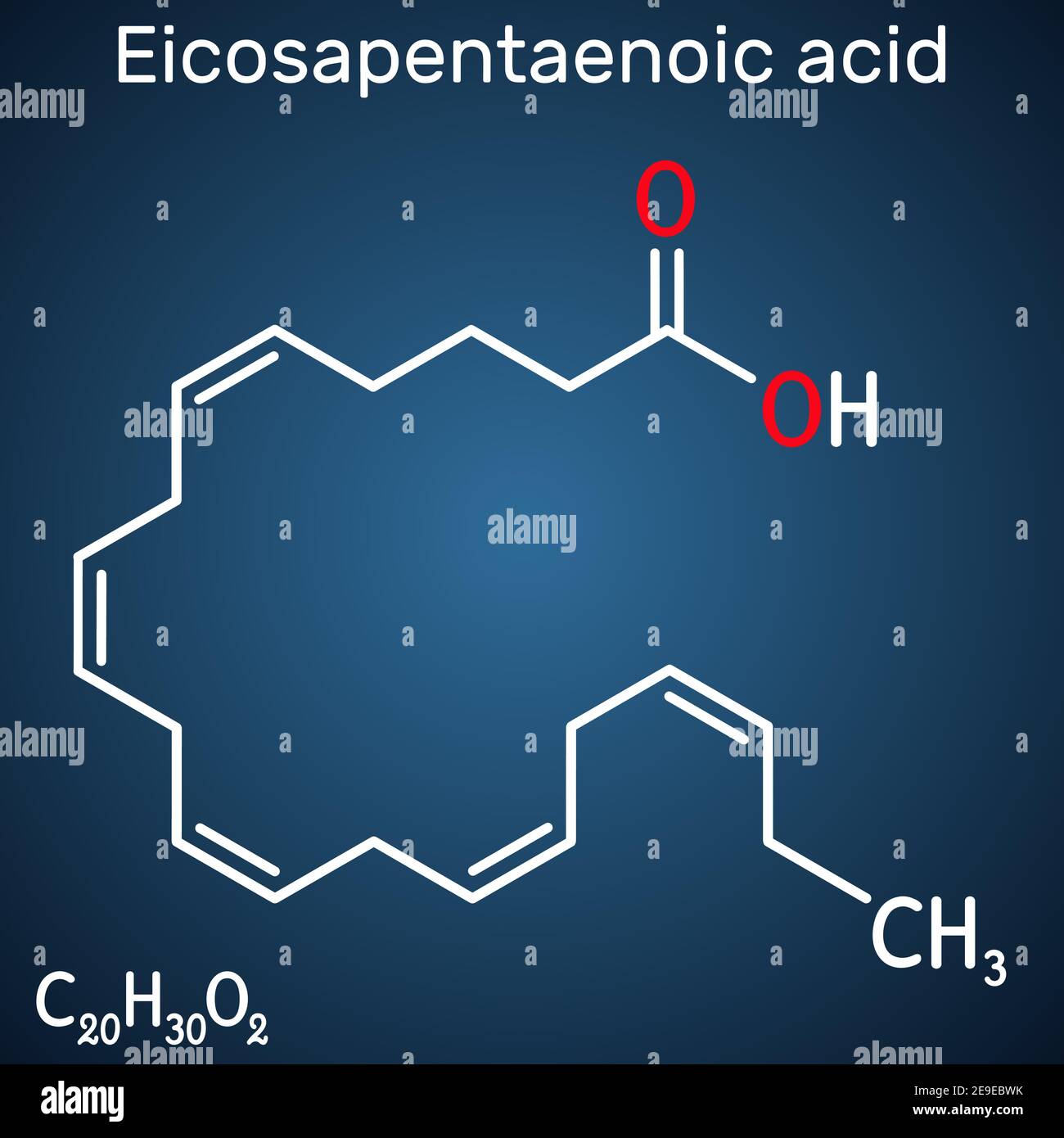 Acido eicosapentaenoico, EPA, acido icosapentaenoico, molecola di icosapent. Si tratta di un acido grasso a catena lunga polinsaturo omega-3. Sostanza chimica strutturale Illustrazione Vettoriale