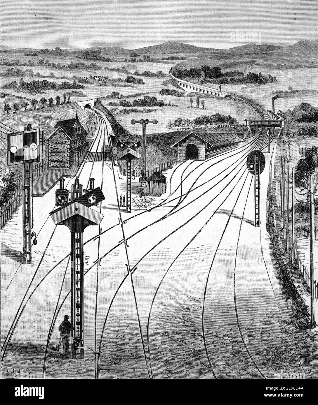 Linea ferroviaria Early Railroad Track o linee ferroviarie divergenti con Semaphore & Segnali luminosi che indicano l'interruttore ferroviario o ferroviario o il set di Punti 1910 Illustrazione o incisione d'epoca Foto Stock