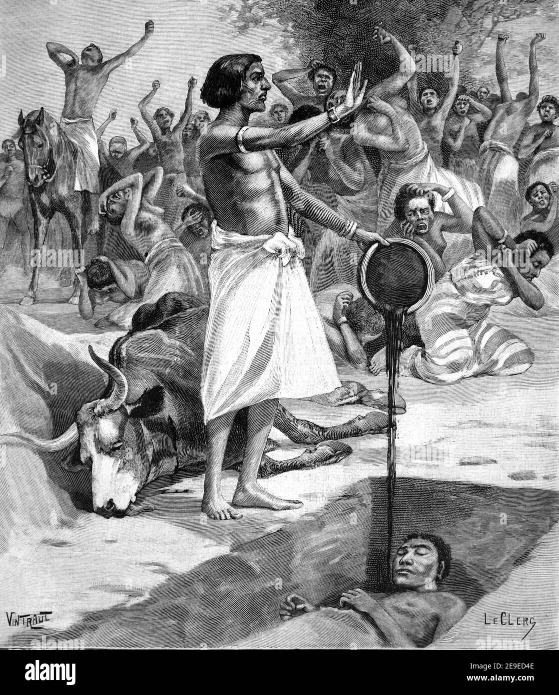 Riti funebri o sepolcrali nel regno di Gommac1780-1886 Etiopia quando il corpo del defunto fu destato nel sangue di Bull prima di essere sepolto. Illustrazione o incisione vintage Foto Stock